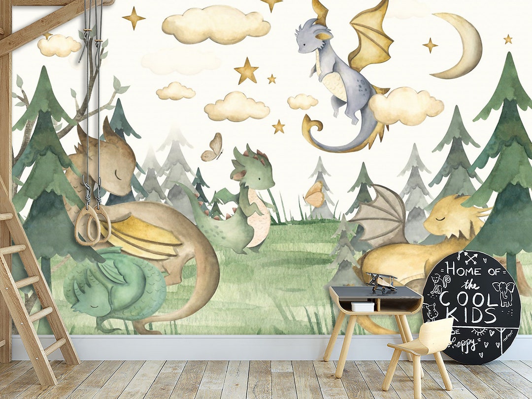 Dragon Kids Wallpaper & Watercolor Wall Art Mural Pastel Playroom Decor ...