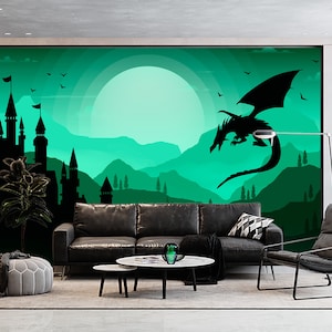 Fantasiekasteel en drakenbehang muurmuurschildering Print Kids Wizards Magisch kasteel Fairy Peel and Stick Wall Art Decor Home Nursery Aangepast formaat