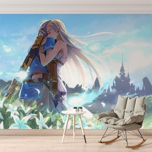 Zelda & Link Wall Mural Legend of Zelda Breath of the wild Gaming Art Wallpaper Peel and stick Playroom decor Video game art Kids decor room