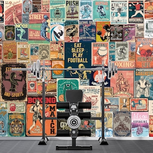 Poster retrò di sport, carta da parati da palestra, murale vintage e poster motivazionali retrò, design di palestra per la casa, arte murale, collage staccabile e attaccabile per il fitness