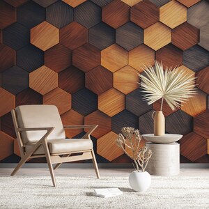 Carta da parati geometrica con esagoni in legno, stampa murale ad alta tecnologia, stacca e attacca, decorazione da parete per la sala giochi