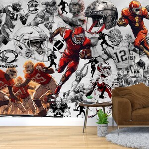Carta da parati con graffiti sul football americano e murale sportivo, decorazione per palestra, arte di strada urbana, moderna, stacca e attacca, motivazione sportiva, arte autoadesiva