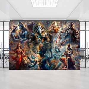 May include: A colorful collage of Hindu deities, including Shiva, Ganesha, and Hanuman, with intricate details and vibrant colors. The deities are depicted in various poses and expressions, creating a dynamic and spiritual composition.