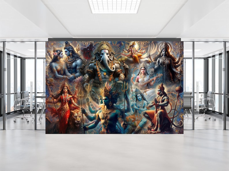 May include: A colorful collage of Hindu deities, including Shiva, Ganesha, and Hanuman, with intricate details and vibrant colors. The deities are depicted in various poses and expressions, creating a dynamic and spiritual composition.