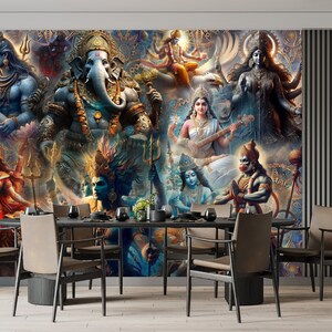 May include: A colorful collage of Hindu deities, including Shiva, Ganesha, and Kali, against a backdrop of intricate patterns and symbols. The deities are depicted in various poses and expressions, with vibrant colors and intricate details.
