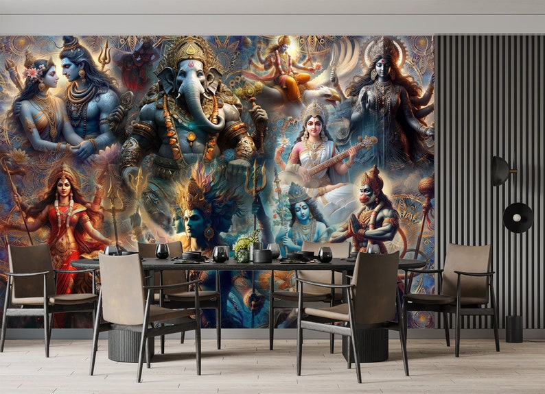 May include: A colorful collage of Hindu deities, including Shiva, Ganesha, and Kali, against a backdrop of intricate patterns and symbols. The deities are depicted in various poses and expressions, with vibrant colors and intricate details.