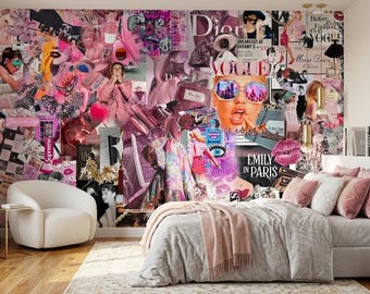 Glam Fashion Collage Wallpaper Mural, Pink Girly Aesthetic Wall Mural