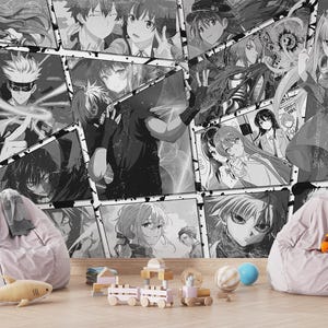 Anime Collage Black & White Mural Wallpaper Boys Playroom Wall Decor Peel and Stick Living Room Wallpaper Kids Gift Anime Idea Mural