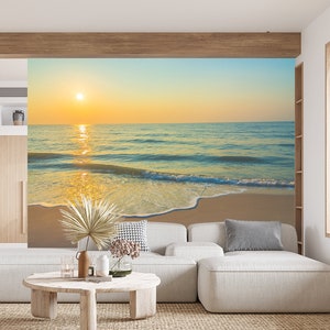 Beach Sunrise Waves Wallpaper & Wave Wall Mural Ocean Wave Water Landscape Seascape Wave Sea Peel and Stick Self adhesive Decor
