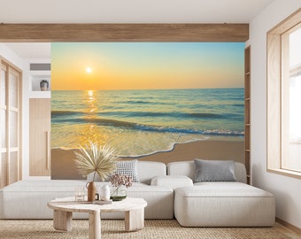 Papel pintado y mural de pared con olas al amanecer en la playa, paisaje marino con olas del océano, decoración autoadhesiva.