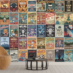 Murales de pared con carteles vintage, papel tapiz y estética, murales de pared con collage vintage, carteles publicitarios estadounidenses antiguos, papel tapiz, carteles retro