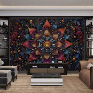 Carta da parati con mandala indiano e ornamenti asiatici, carta da parati murale in stile Art Déco con sfondo nero per yoga.