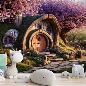 Papier peint maison de Hobbit, décoration murale fantastique Hobbiton, forêt enchantée moderne, photo murale autocollante maison de Hobbit