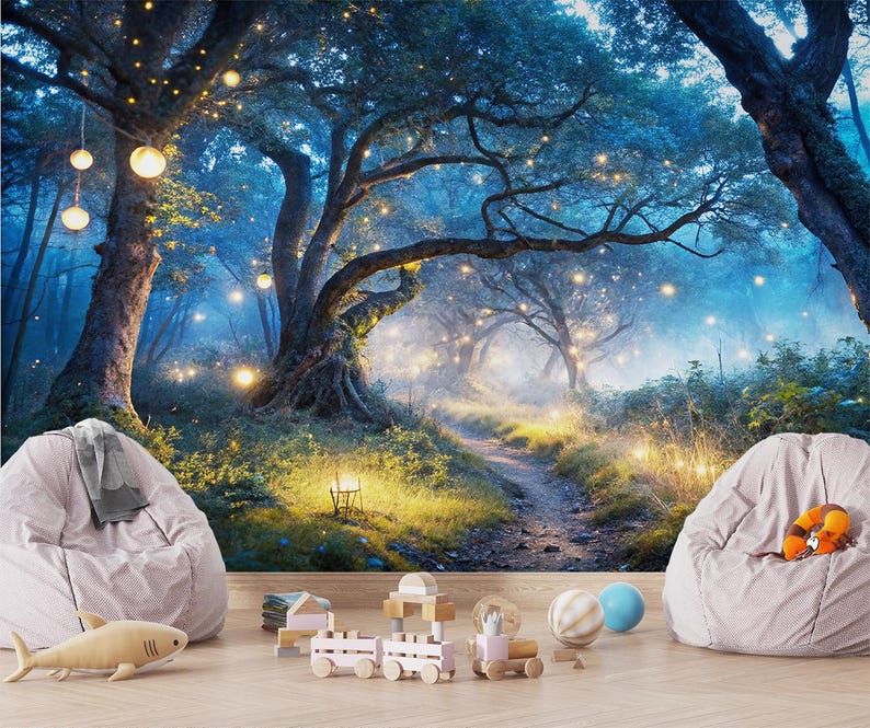 Enchanted Glowing Forest Path Wallpaper Mystical Fantasy Woodland Wall ...