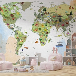 Kinderwereldkaart Behang Speelkamer Kinderreiskaart Muurschildering Decor Peel-and-Stick Behang Dieren Kinderwereldkaart Print Vinyl Muurschildering dinosaurussen