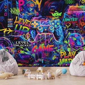 Neon Gamer Wallpaper Mural – Peel and Stick Gaming Room Decor