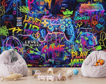Gamer Wallpaper & Wall Mural For Teenage Neon Kids Wall Mural Gamepad Joysticks Print Peel and Stick Wall Decor Custom Size Gaming Room