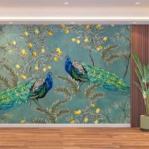 Chinoiserie Flowers and Birds Wallpaper & Wall Art Mural Peacock with Lemon Tree Modern Peel and Stick Wall Mural Decor Home