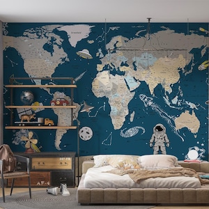 May include: A bedroom featuring a world map mural in blue, grey, and tan. The room includes a bed, a wooden shelf with toys, a chair, and a brick wall. The mural incorporates space-themed illustrations such as a rocket and an astronaut.