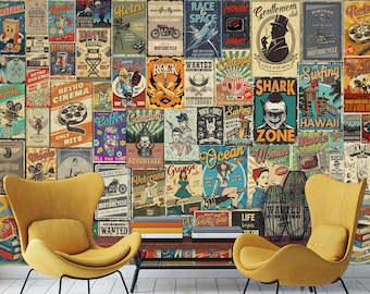 Retro Poster Wallpaper Pop Art Vintage Mural Collage & Original Vintage Wall Mural Wallpaper Retro Peel and Stick Vintage Modern Art Mural