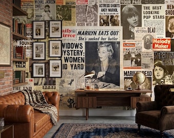 Papel pintado con collage de periódicos antiguos y mural de pared retro