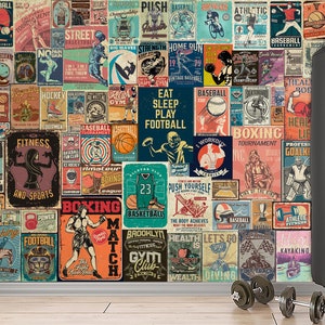 Poster Palestra Carta da parati Vintage Murale da parete e motivazione sportiva Poster retrò Design palestra domestica Arte murale Collag Stacca e attacca Fitness