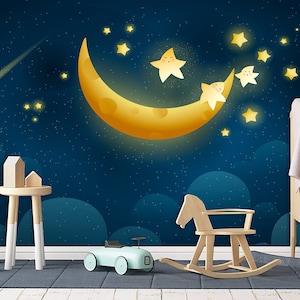 Carta da parati con cielo notturno, luna e stelle e luna blu, murale da parete staccabile e adesiva, decorazione per la stanza dei bambini, regalo per ragazzi e ragazze