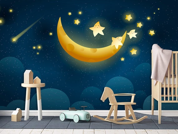 Papel pintado infantil de luna y estrellas fondo blanco - Waning Moon 128493