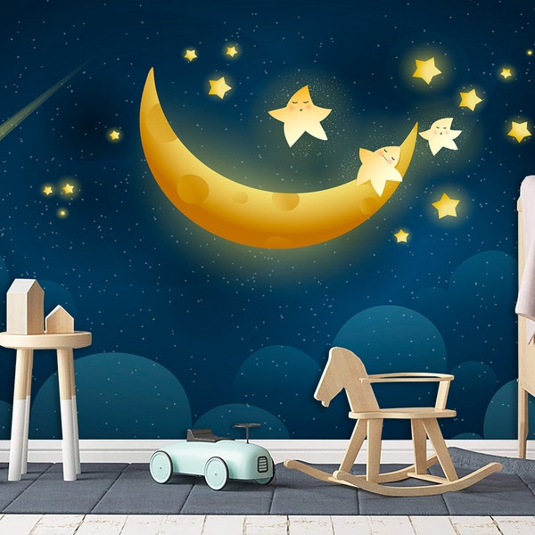 Night Sky Moon and Stars Wallpaper & Moon Blue Peel and Stick Wall Mural Kids Room Decor Gift Boys and Girls Wall Art