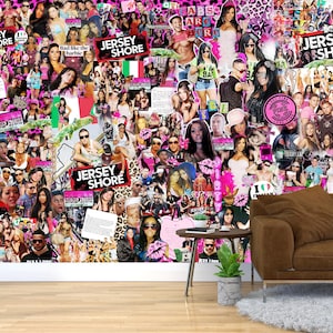 Carta da parati rosa con collage di programmi TV, idea regalo per ragazze, carta da parati autoadesiva funky, carta da parati glamour