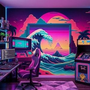 May include: A vibrant, retro-themed gaming room with a large window overlooking a cityscape. The room features multiple computer monitors, a gaming chair, and an arcade machine. The walls are decorated with a colorful mural of a wave and a sunset.