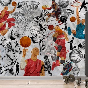 Carta da parati con graffiti di basket e murale sportivo, arte di strada urbana, moderna, stacca e attacca, motivazione sportiva, autoadesiva, decorazione artistica per ufficio