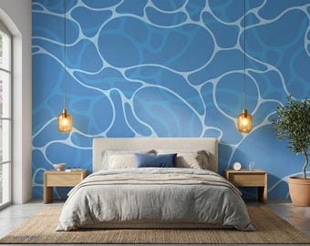 Mural abstracto de agua cáustica para pared, papel tapiz minimalista azul océano sereno