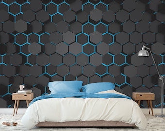 Hexagons Hi-Tech Blue Wallpaper Abstract Geometric & Pattern Dark color Wall Mural Print Peel and Stick Wall Art Mural Decor Home