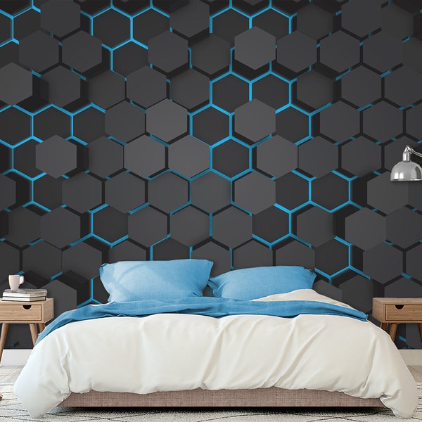 Hexagons Hi-Tech Blue Wallpaper Abstract Geometric & Pattern Dark color Wall Mural Print Peel and Stick Wall Art Mural Decor Home