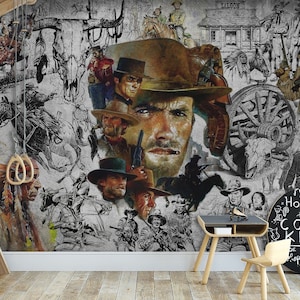 Graffiti Cowboy Wallpaper & Western Street Art Wandbild Wandbild Schälen und Aufkleben Wilder Westen Art-Deco-Tapete Dekor Hauszimmer