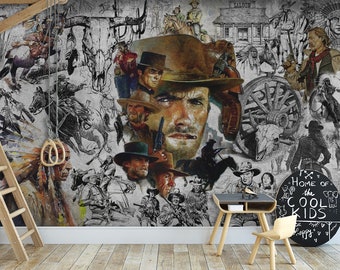 Graffiti Cowboy Wallpaper & Western Street Art Southwestern Wall Mural Peel and Stick Wild West Art Deco Wallpaper Decor Home Room