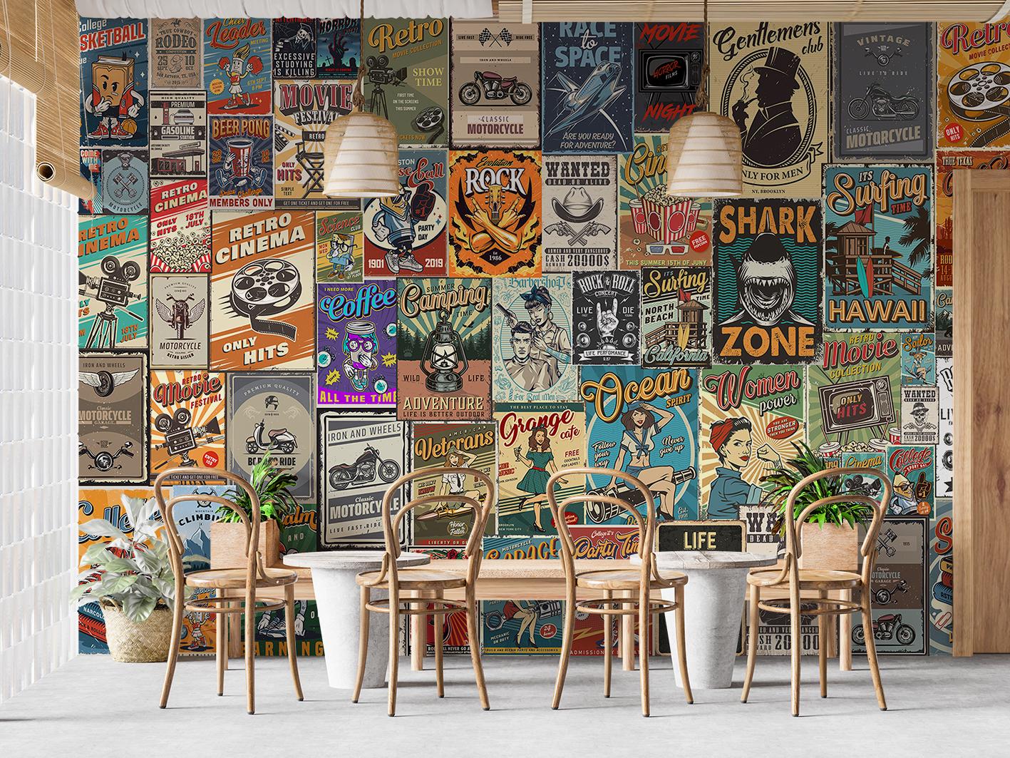 Vintage Americana Poster Collage Wall Mural Retro Teen Room