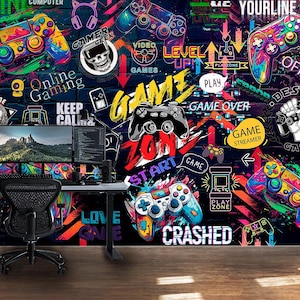 Neon Games Wallpaper Mural | Video Gamer Room Decor, Peel and Stick