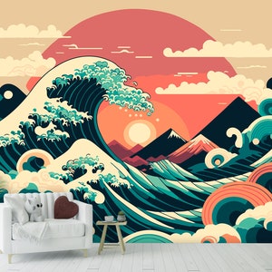 Great Wave Kanagawa Japanese Wallpaper & Wall Art Mural Self Adhesive Katsushika Hokusai Print Abstract Modern Peel and Stick Decor