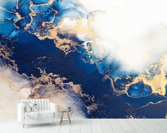 Blue and Gold Marble Wallpaper Mural, Modern Abstract Art