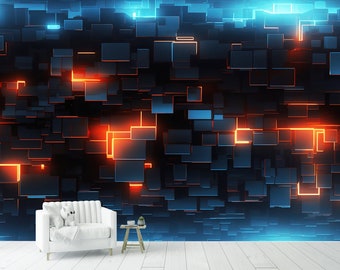 Könnte beinhalten: Abstrakte digitale Kunst Tapete mit einem dunklen Hintergrund und einem Muster aus blauen und schwarzen Quadraten. Orange und blaue Neonlinien beleuchten das Design. Ein weißer Sessel, ein kleiner Holztisch und eine Pflanze befinden sich im Vordergrund.