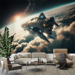 Sci-Fi Spaceship Wall Mural Futuristic Space Rocket Wallpaper for Gaming Room, Teen, Kids Bedroom Wallpaper Print For Boy Peel and Stick