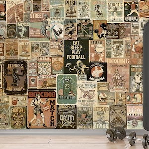 Sport Motivation Poster Gym Wallpaper Vintage Wall Mural & Retro Posters Home Gym Design Wall Art Collag Peel and Stick Fitness