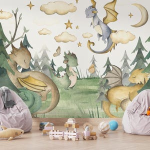 Carta da parati per bambini con drago, acquerello, decorazione murale per sala giochi pastello, carta da parati da parete per bambini con tema fiabesco, carta da parati staccabile e adesiva per la cameretta dei bambini