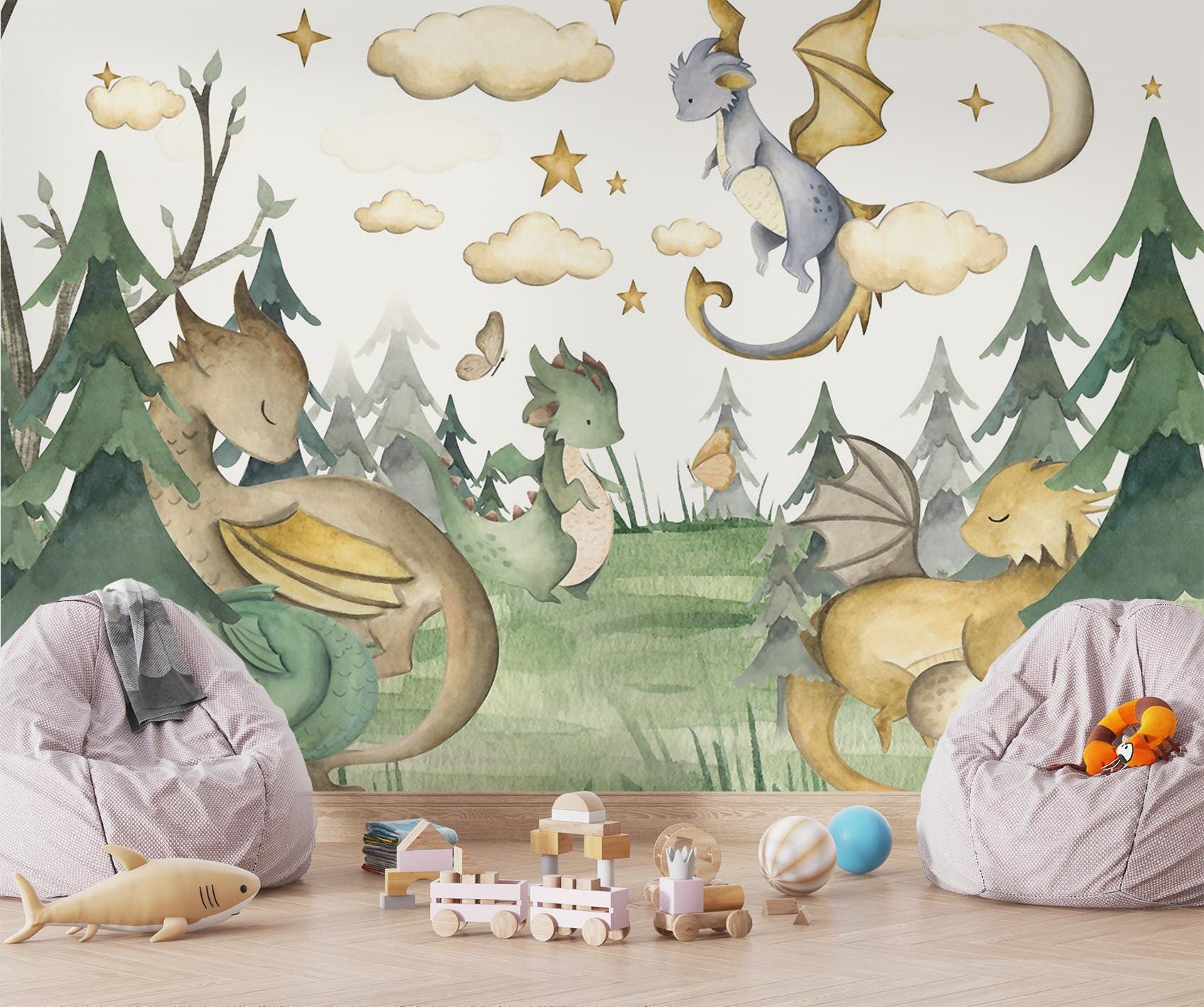 Dragon Kids Wallpaper Watercolor Wall Art Mural Pastel Playroom Decor ...