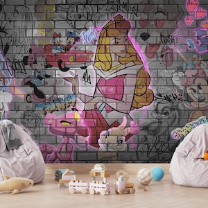 Carta da parati adesiva con graffiti per la cameretta dei bambini, stile cartoon, arte di strada urbana, decorazione murale per camera da letto, sala giochi, stacca e attacca