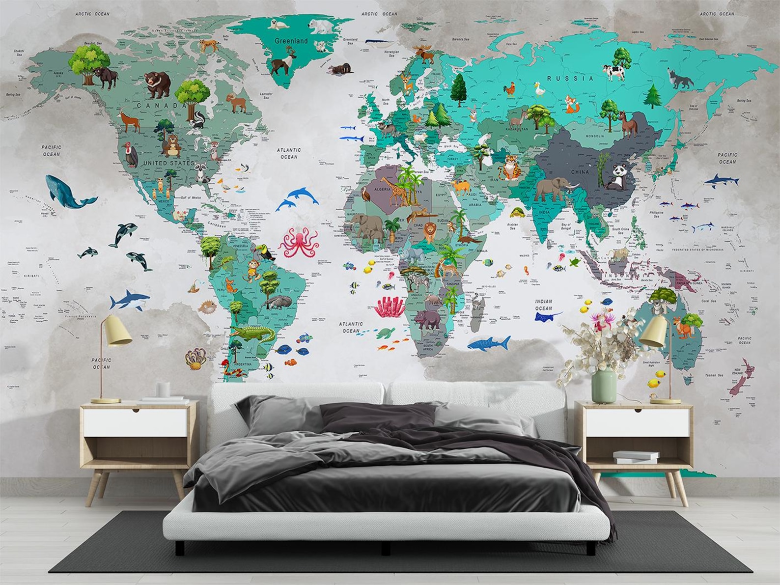 Animal World Map Wallpaper: Kids Nursery Peel and Stick Mural - Etsy