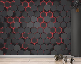 Abstract Geometric Wallpaper Hexagons Hi-Tech Red & Dark color Wall Mural Print Peel and Stick Wall Art Mural Decor Home