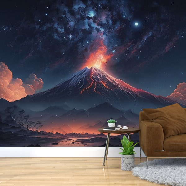 Éruption volcan ciel nocturne et étoiles montagne papier peint lave art mural nuages paysage montagnes impression déco maison